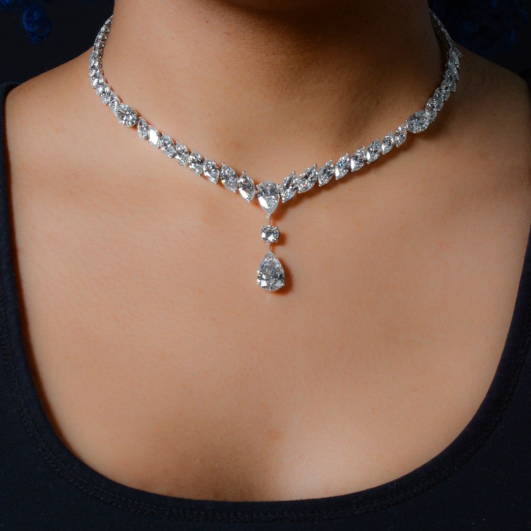 54.00 CTTW Marquise, Pear and Oval Lab Diamond Drop Necklace in 18kt White Gold