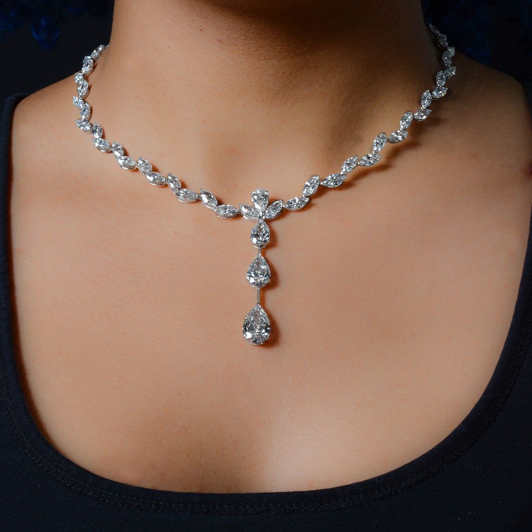 40.36 CTTW Pear and Marquise Lab Diamond Drop Couture Statement Necklace in 18kt White Gold