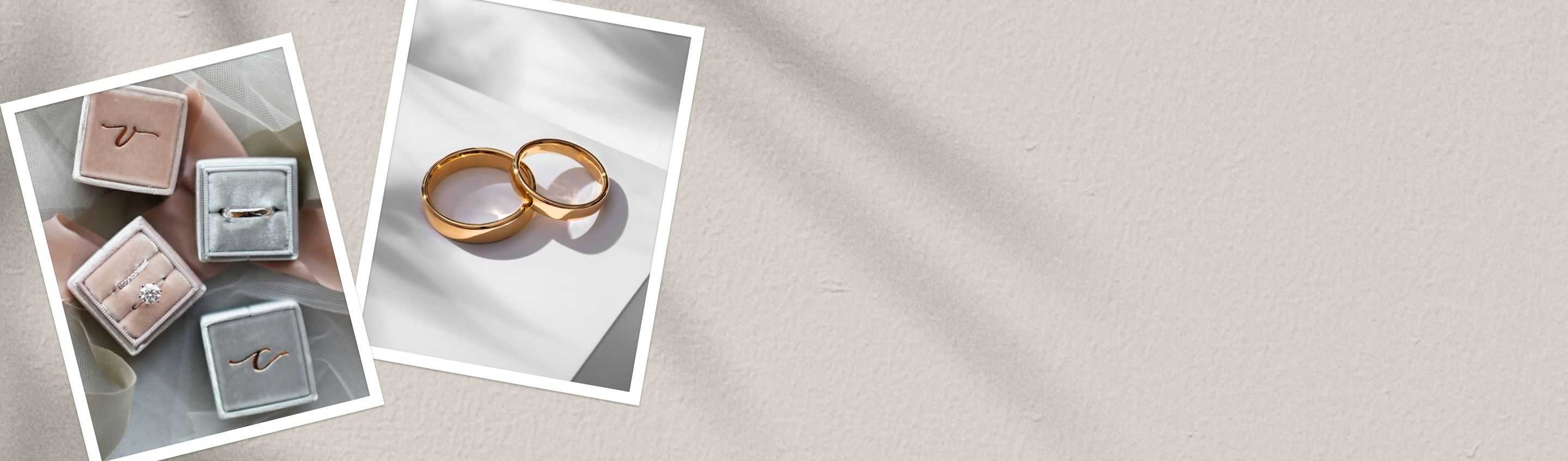 Two images, one of wedding ring boxes with rings inside and one image of two wedding rings, one women's ring and one men's ring in rose gold.