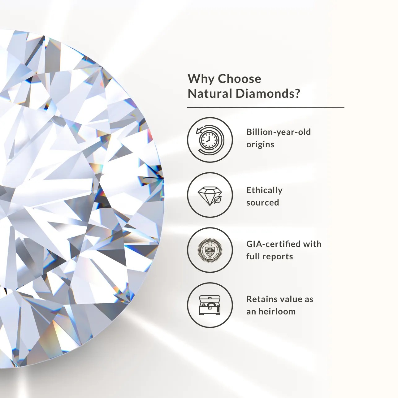 A large brilliant diamond and a chart describing why to choose a Natural Diamond
