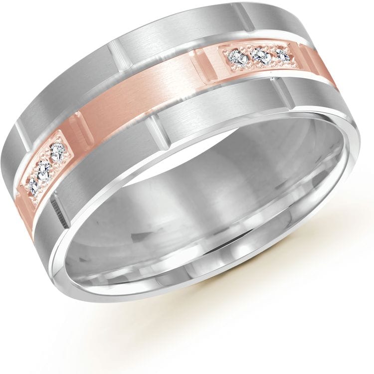 Men's 9mm Two-tone Satin-finish Carved Diamond Wedding Ring