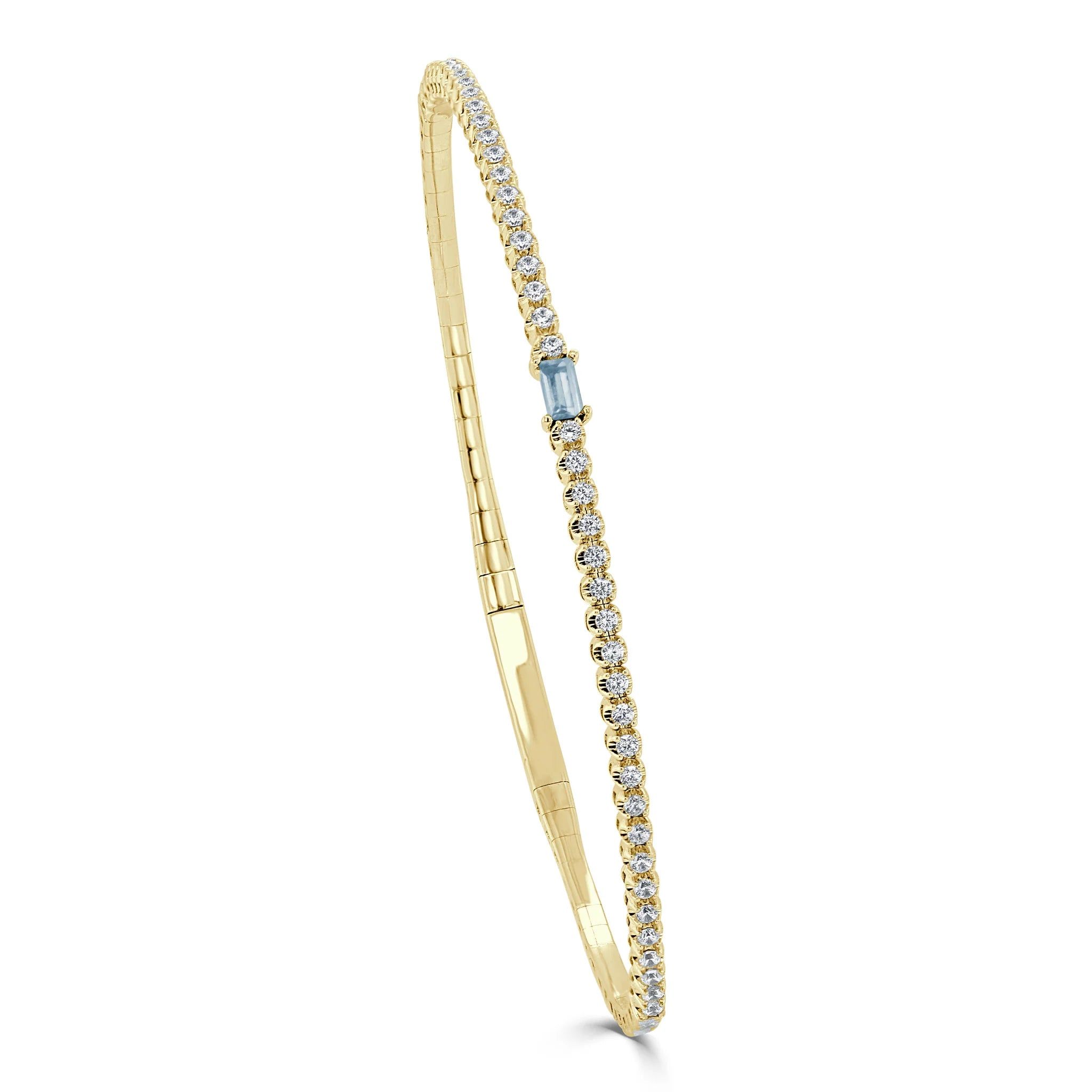 14kt Gold Aquamarine Birthstone & Diamond Flexible Bangle