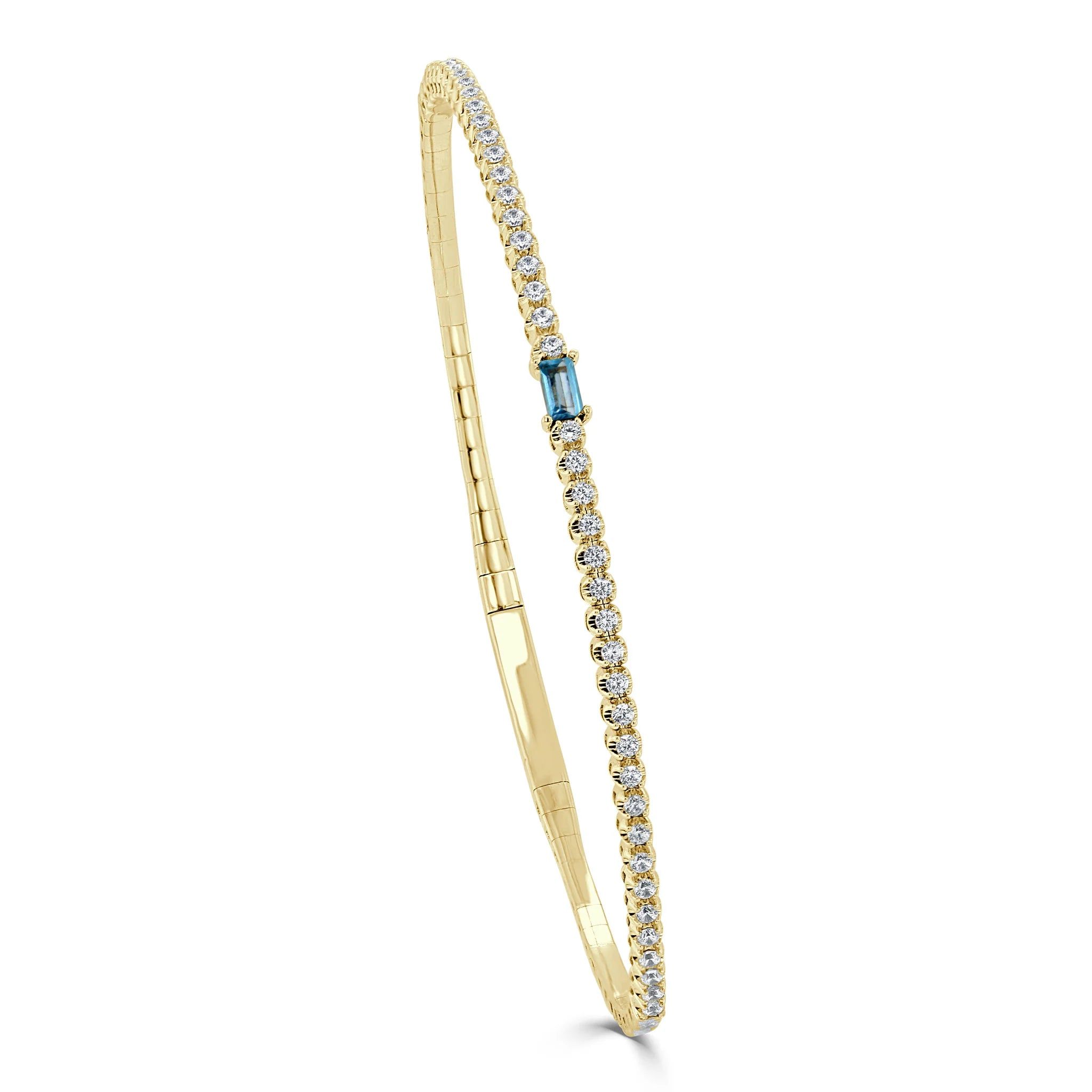 14kt Gold Blue Topaz Birthstone & Diamond Flexible Bangle