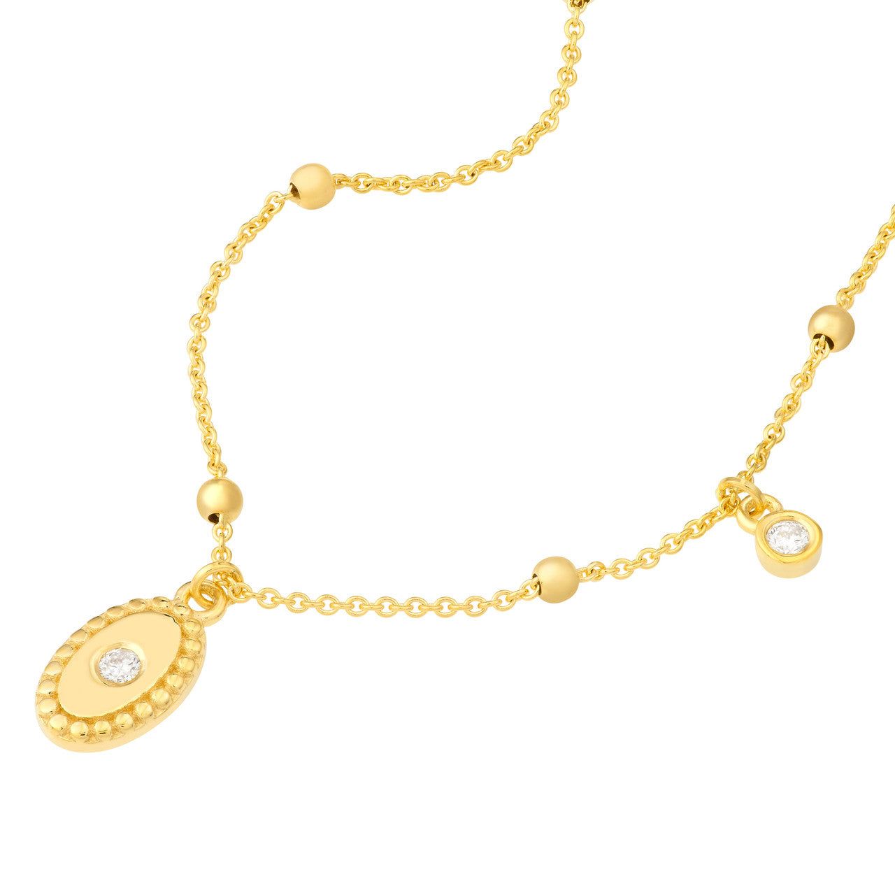 14kt Gold 0.05 CTW Diamond Oval Plate with Bead Frame Necklace