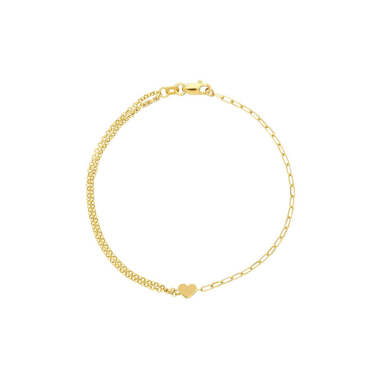 14kt Yellow Gold 50/50 Paper Clip + Double Rolo Heart Bracelet