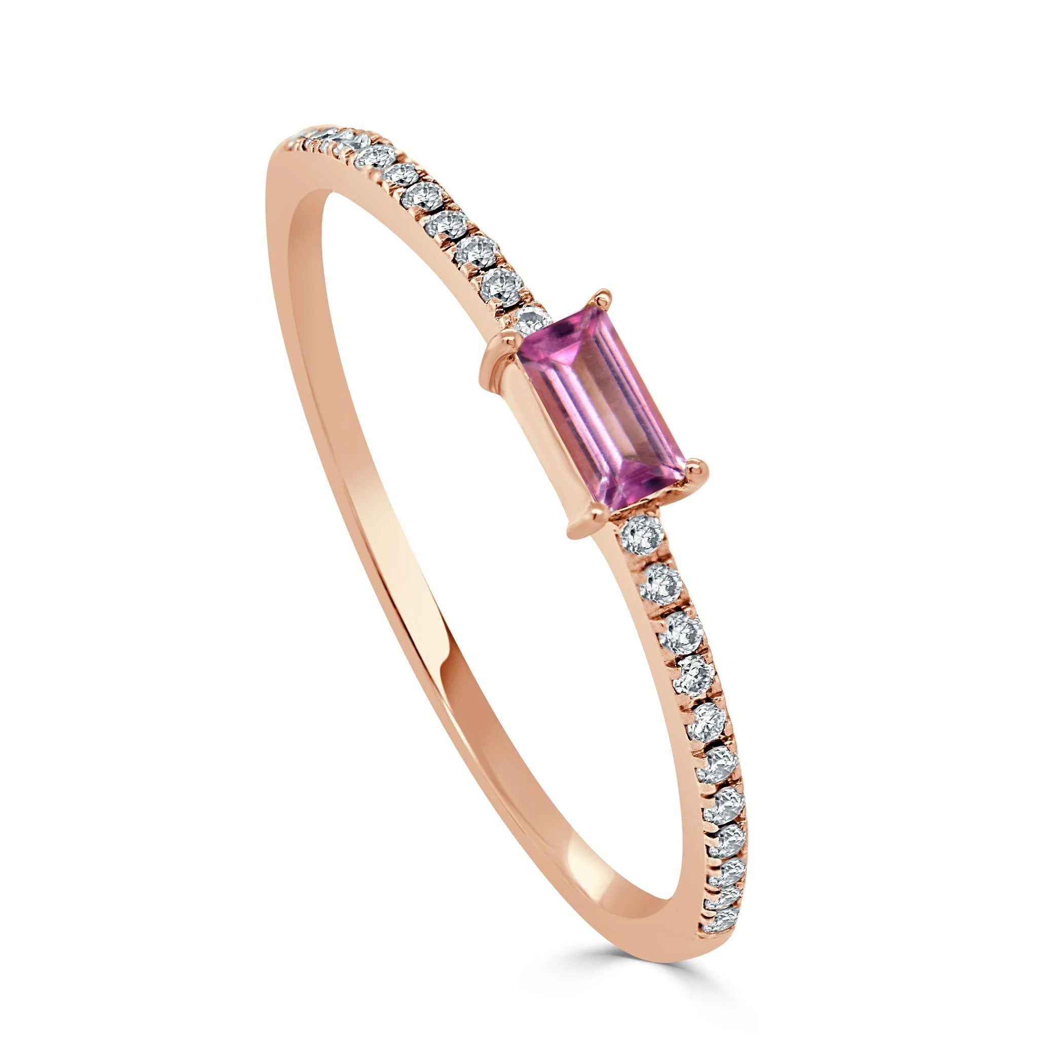 14kt Gold 0.15 CTW Pink Tourmaline Baguette & Diamond Stackable Ring