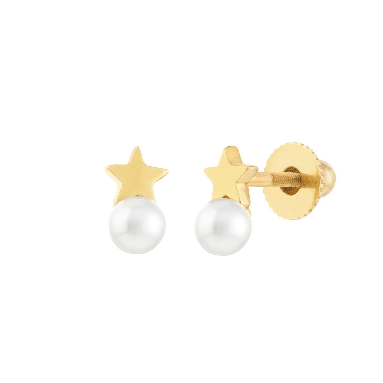 14kt Gold Star & Pearl Stud Screw Back Earrings