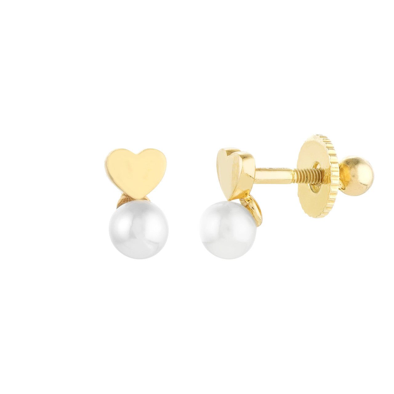 14kt Gold Heart & Pearl Stud Screw Back Earrings