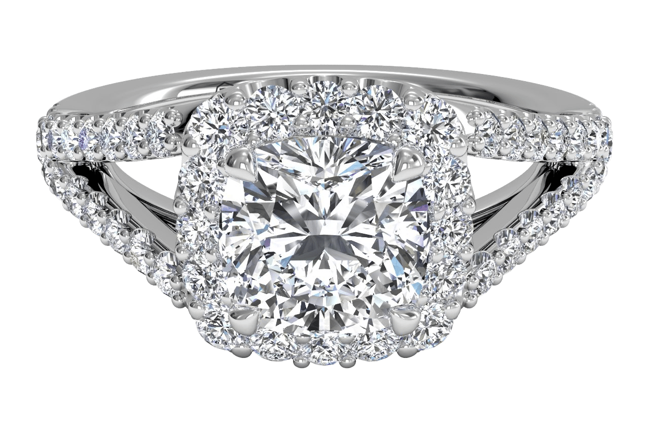 The Kenia Cushion Cut Platinum Halo 'V' Band Engagement Ring