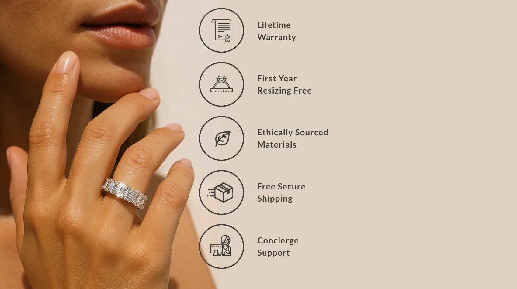 Lifetime Warranty, First Year Resizing Free, Ethically Sourced Materials, Free Secure Shipping Concierge Support