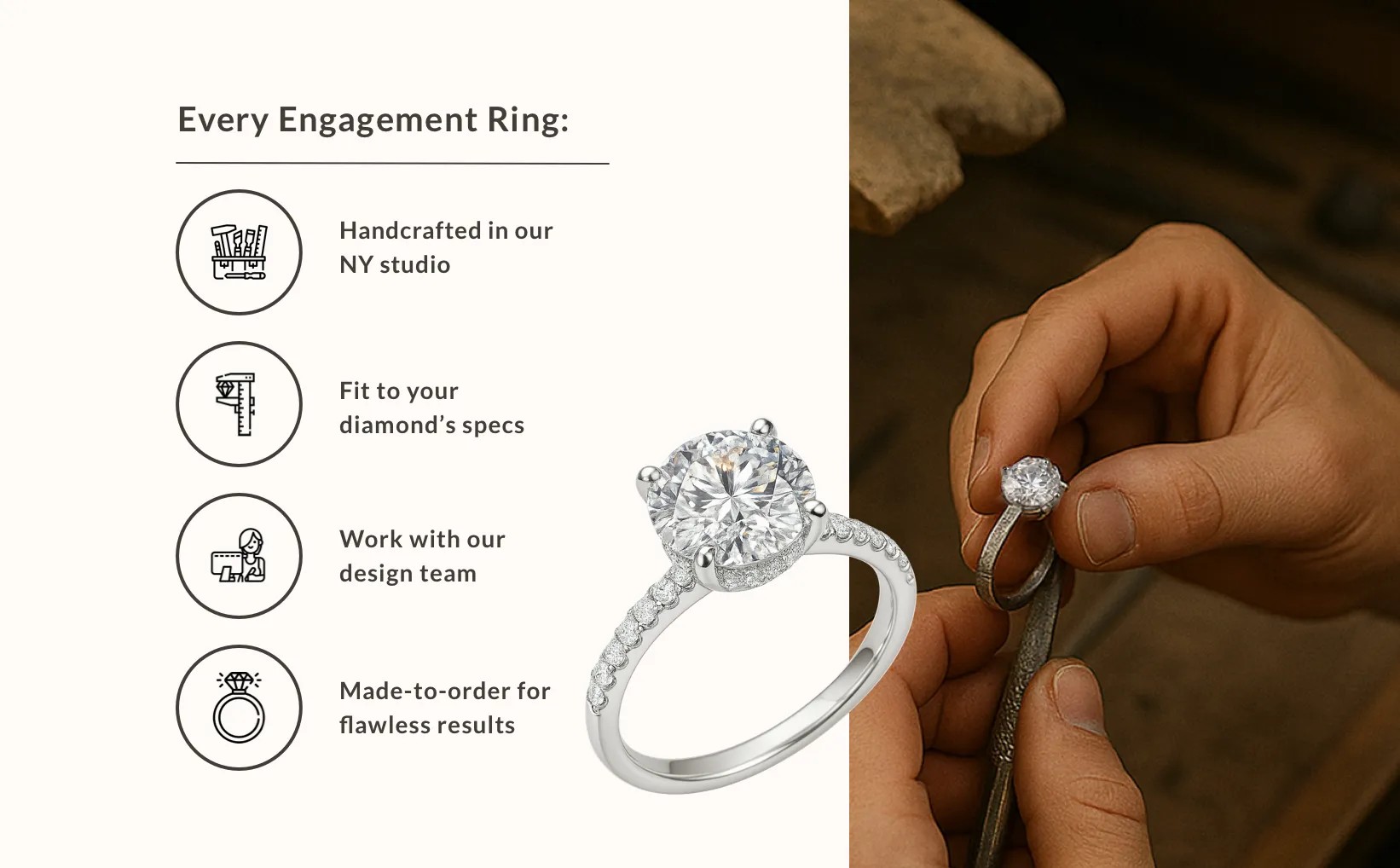 Handcrafted engagement ring setting made to match a lab-grown diamond's dimensions.